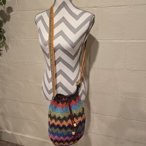 Crochet Bag Colorful Drawstring Bucket Hippie Boho Festival Travel Handmade Knit